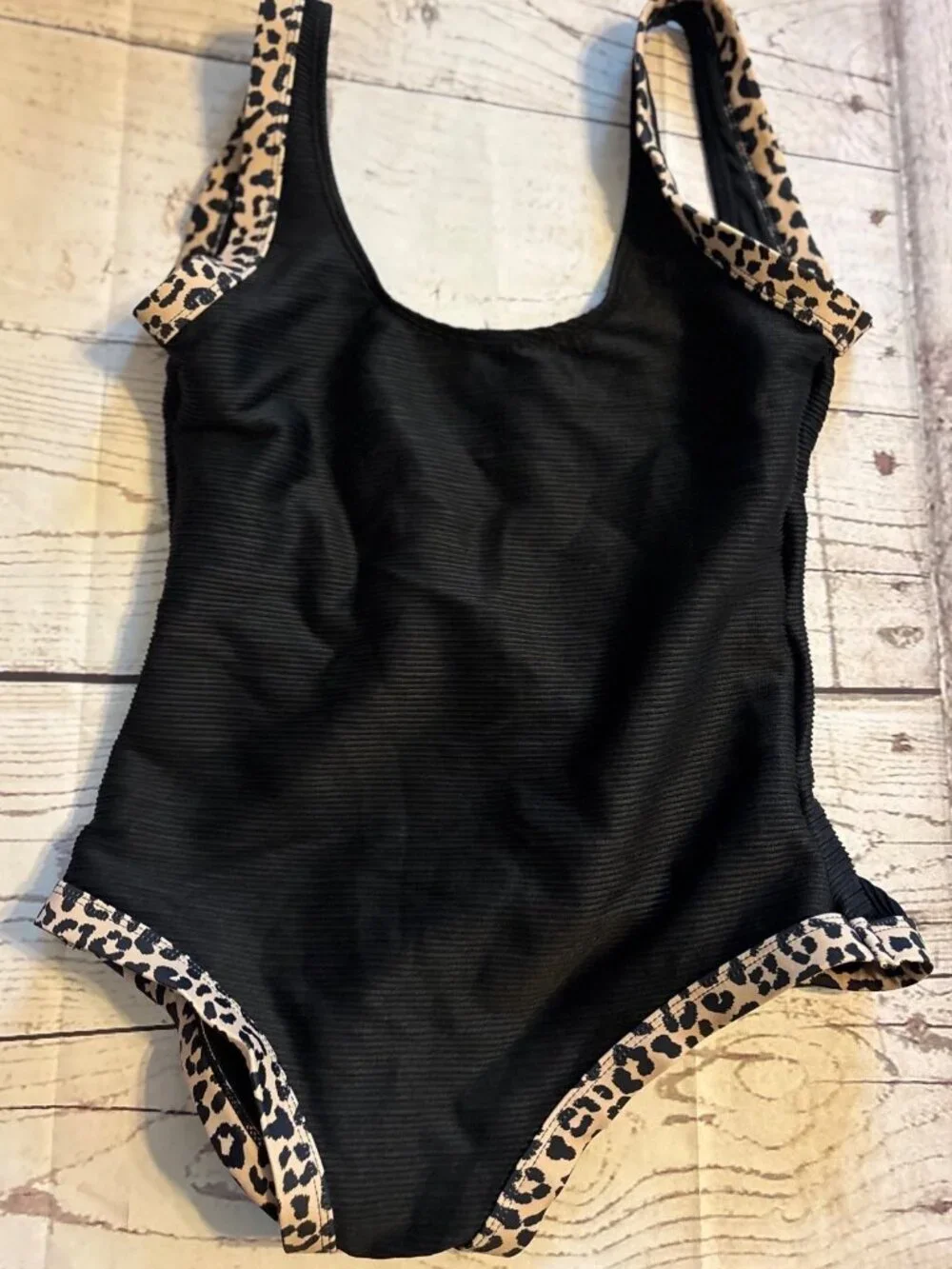 Pink Lily Black With Animal Print Trim One Piece Swimwear High Thigh Size Small